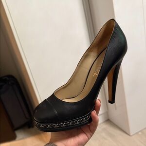 CHANEL Black Leather Chain Detail Heels